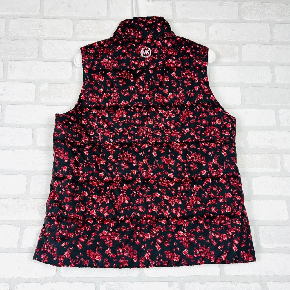 Michael Kors Women Ruby Gemstone Print Puffer Vest Black Red Zip Up Large